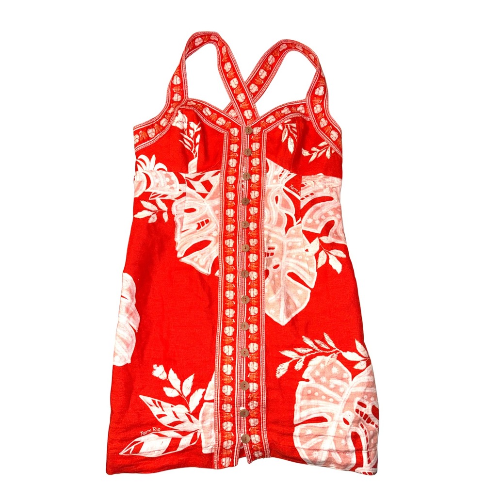 Farm Rio Red Vermillion Tropical Monstera Mini Dress Button Front Size Large